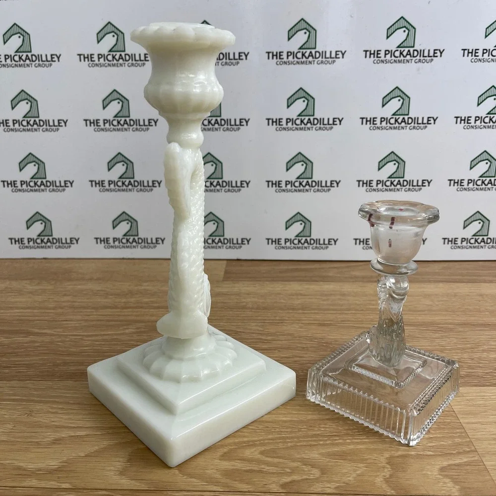 Vintage Milk Glass and Clear Glass Dolphin Koi Fish Candlestick Holders Set 2